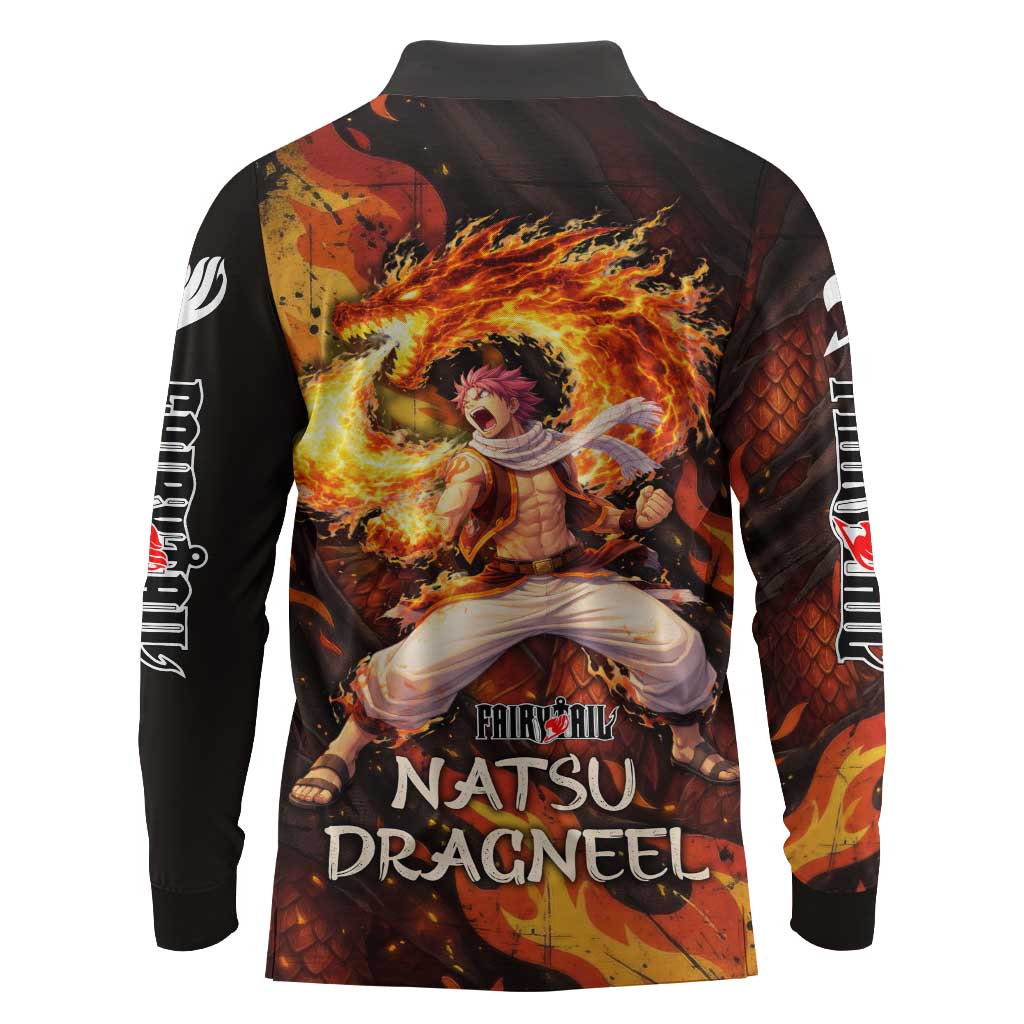 Natsu Dragneel Fairy Tail Long Sleeve Polo Shirt Flame Magic Anime Style with Dragon Emblem and Fire Seal