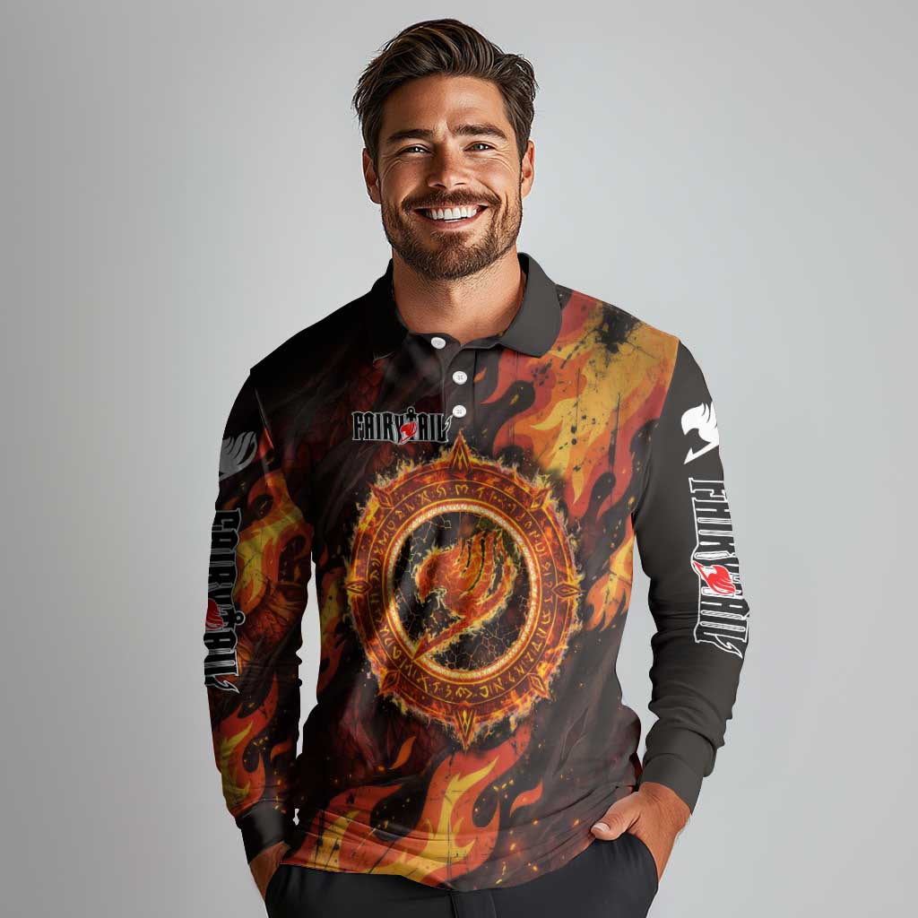 Natsu Dragneel Fairy Tail Long Sleeve Polo Shirt Flame Magic Anime Style with Dragon Emblem and Fire Seal