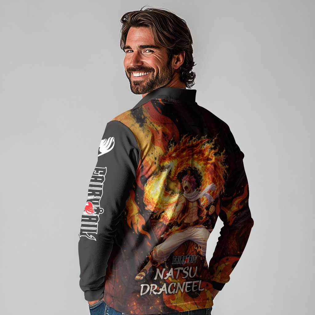 Natsu Dragneel Fairy Tail Long Sleeve Polo Shirt Flame Magic Anime Style with Dragon Emblem and Fire Seal