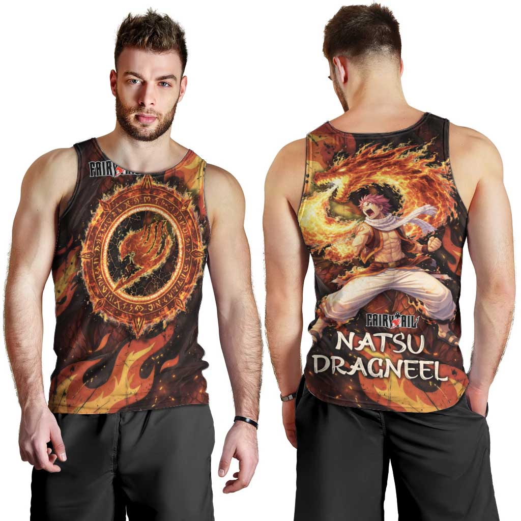 Natsu Dragneel Fairy Tail Men Tank Top Flame Magic Anime Style with Dragon Emblem and Fire Seal