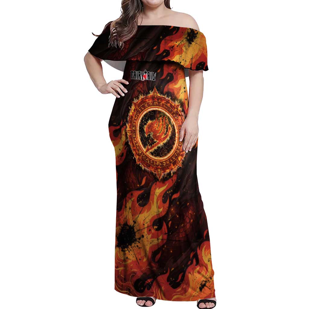 Natsu Dragneel Fairy Tail Off Shoulder Maxi Dress Flame Magic Anime Style with Dragon Emblem and Fire Seal