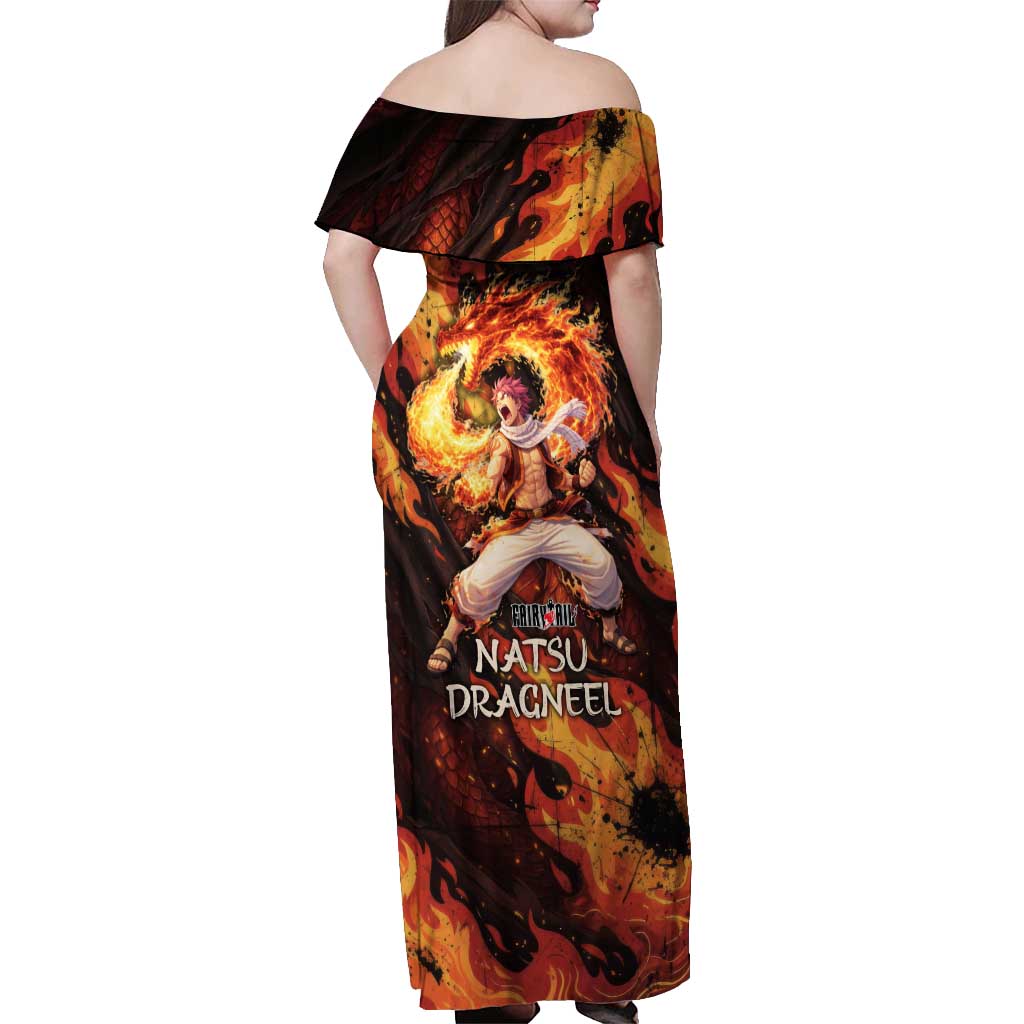 Natsu Dragneel Fairy Tail Off Shoulder Maxi Dress Flame Magic Anime Style with Dragon Emblem and Fire Seal