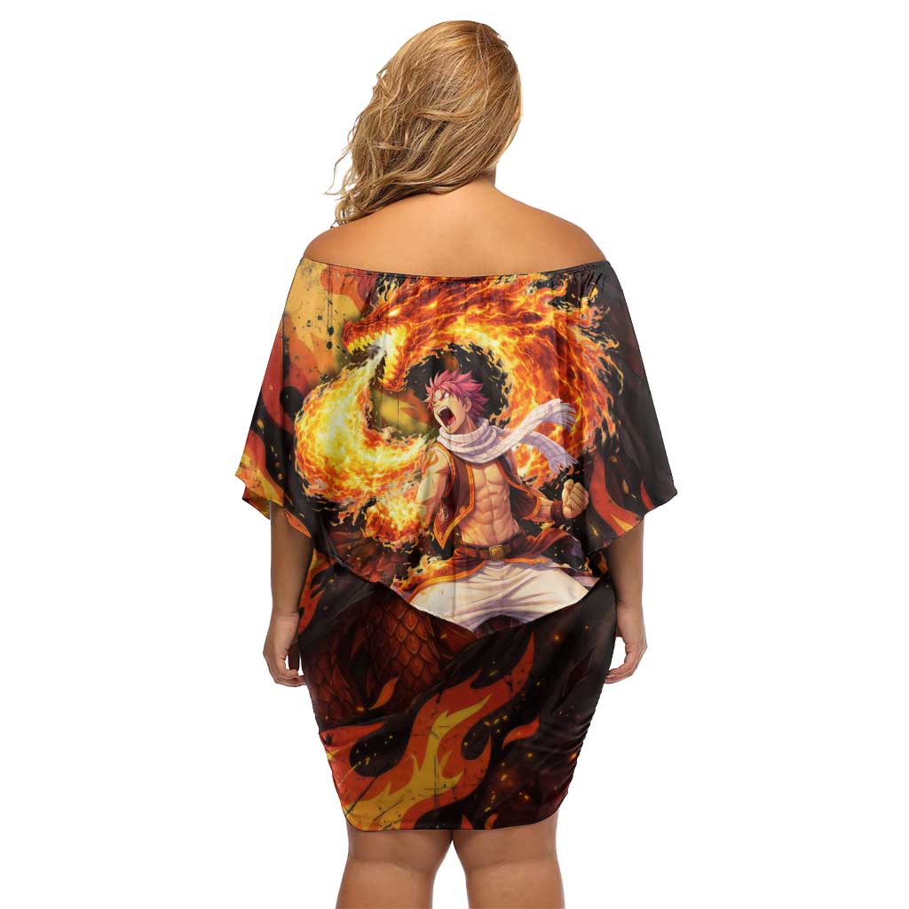 Natsu Dragneel Fairy Tail Off Shoulder Short Dress Flame Magic Anime Style with Dragon Emblem and Fire Seal