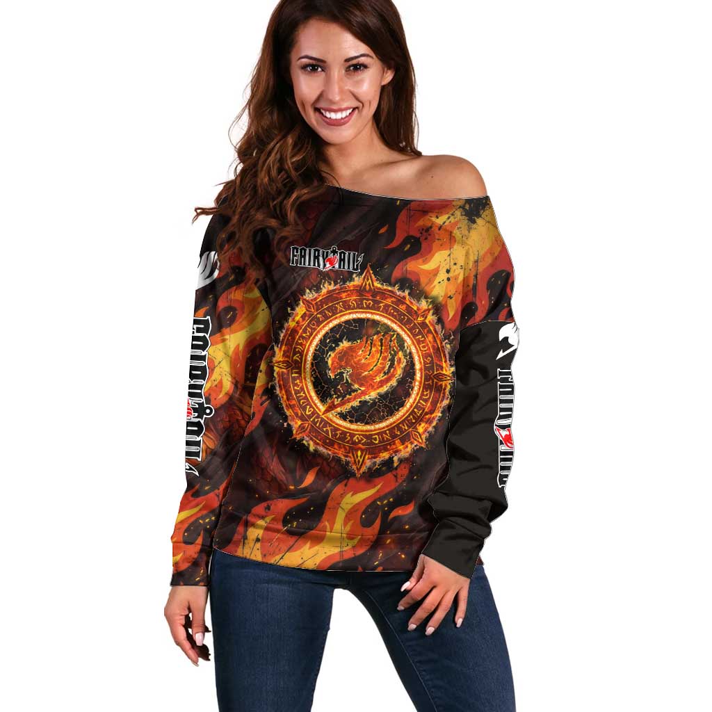 Natsu Dragneel Fairy Tail Off Shoulder Sweater Flame Magic Anime Style with Dragon Emblem and Fire Seal
