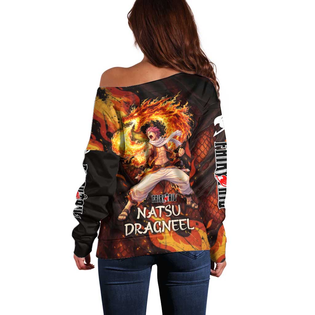 Natsu Dragneel Fairy Tail Off Shoulder Sweater Flame Magic Anime Style with Dragon Emblem and Fire Seal