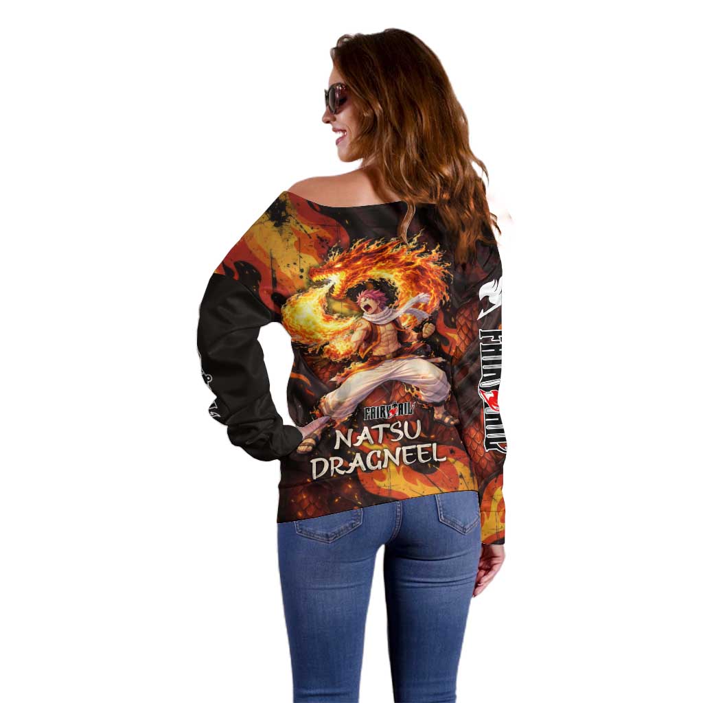 Natsu Dragneel Fairy Tail Off Shoulder Sweater Flame Magic Anime Style with Dragon Emblem and Fire Seal