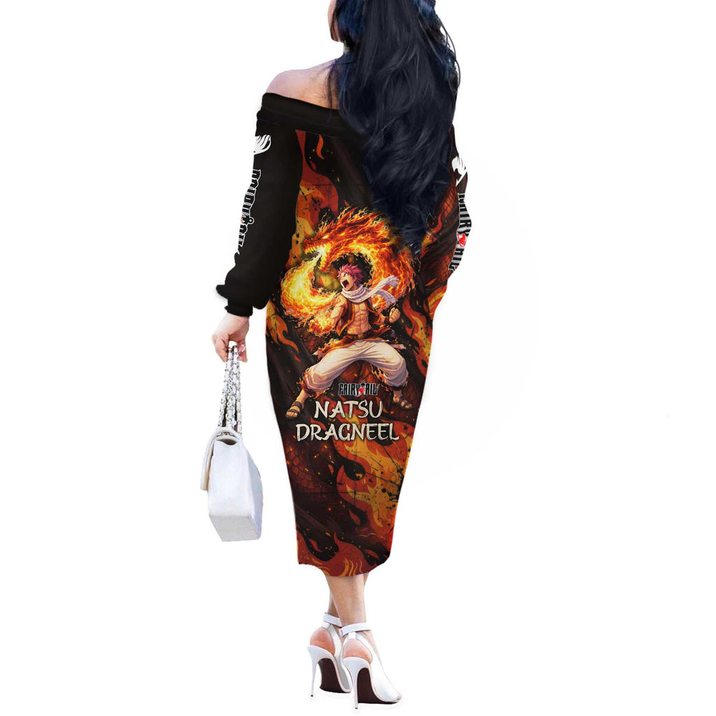 Natsu Dragneel Fairy Tail Off The Shoulder Long Sleeve Dress Flame Magic Anime Style with Dragon Emblem and Fire Seal