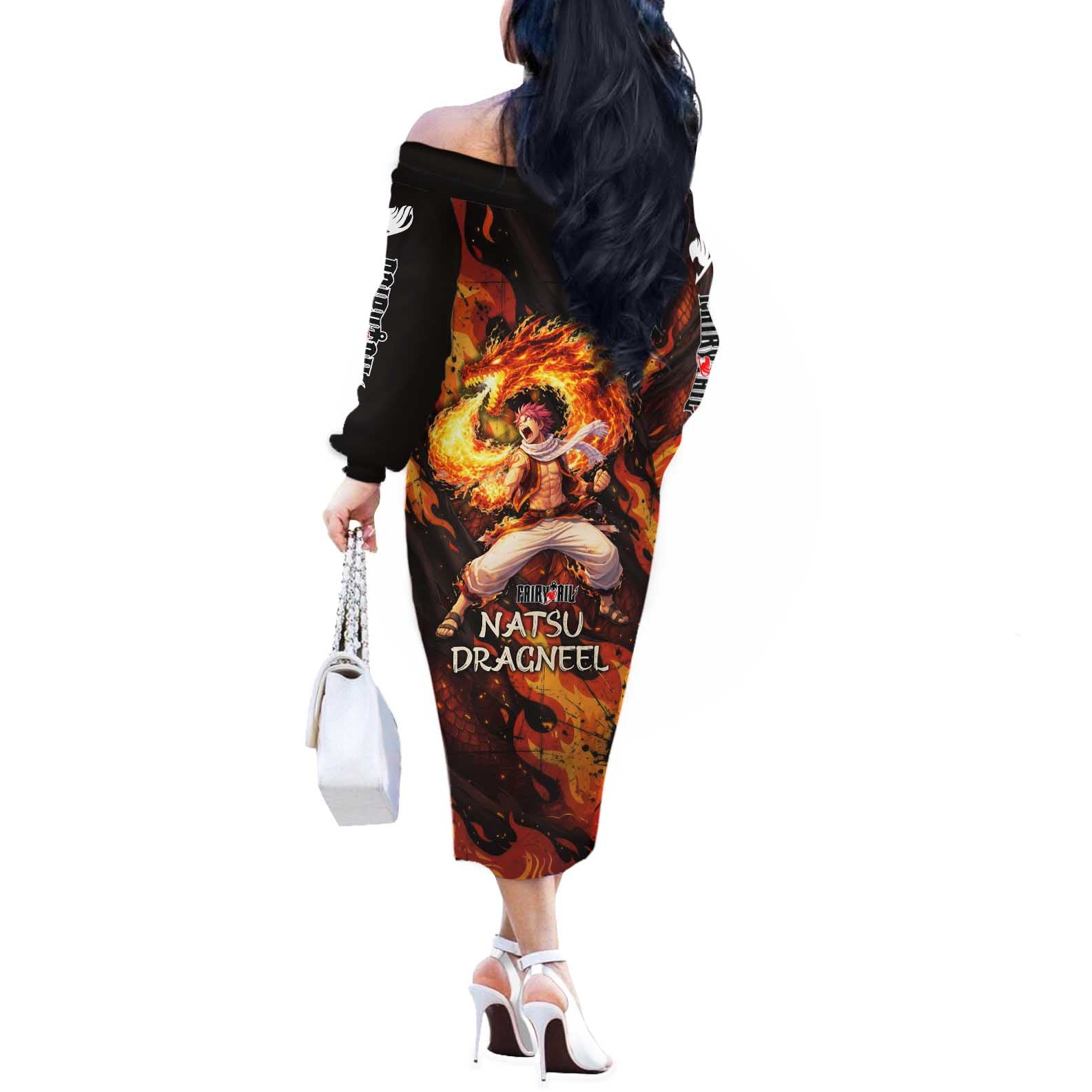 Natsu Dragneel Fairy Tail Off The Shoulder Long Sleeve Dress Flame Magic Anime Style with Dragon Emblem and Fire Seal