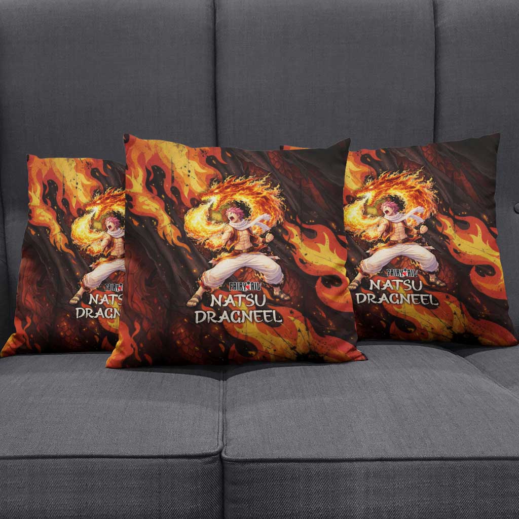 Natsu Dragneel Fairy Tail Pillow Cover Flame Magic Anime Style with Dragon Emblem and Fire Seal