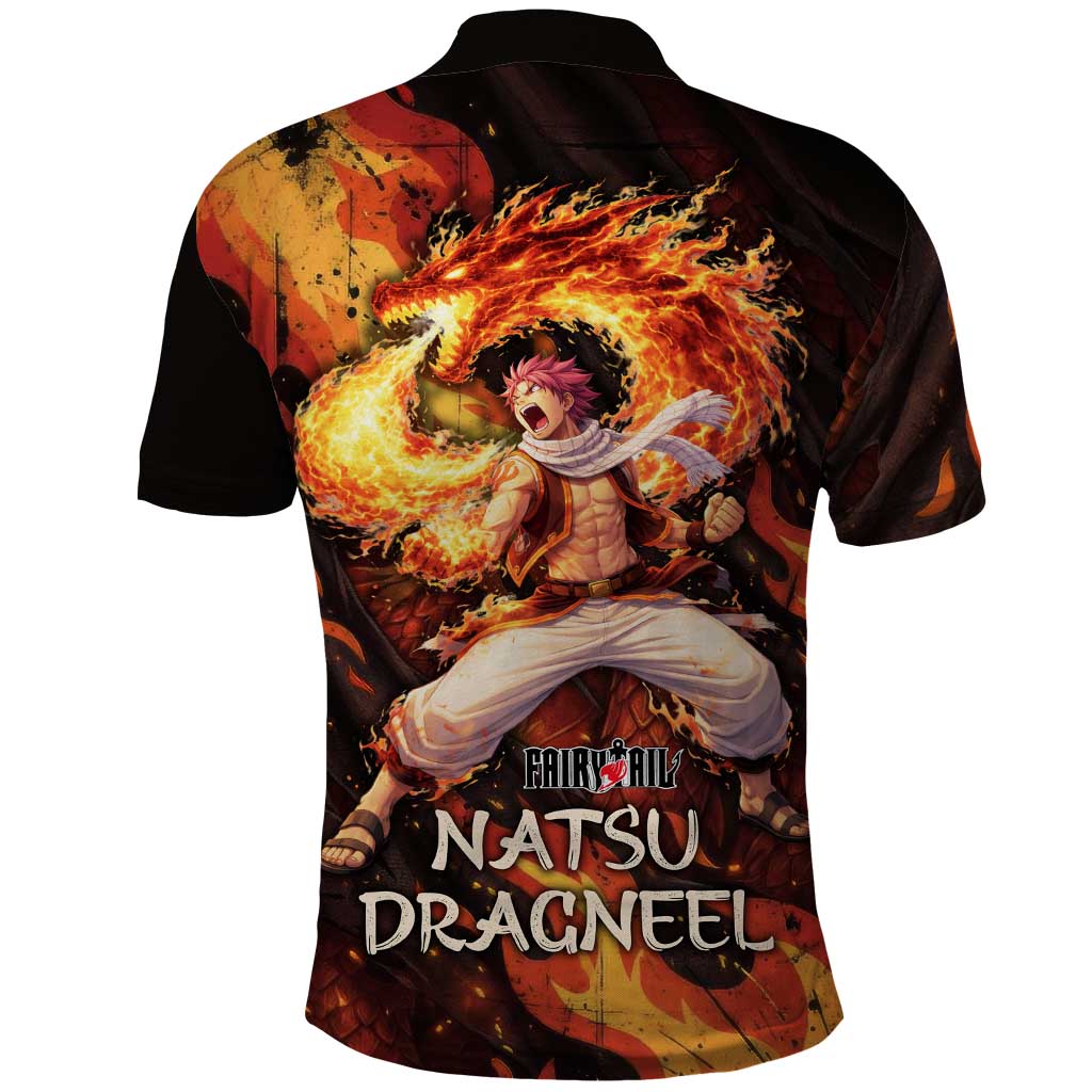 Natsu Dragneel Fairy Tail Polo Shirt Flame Magic Anime Style with Dragon Emblem and Fire Seal