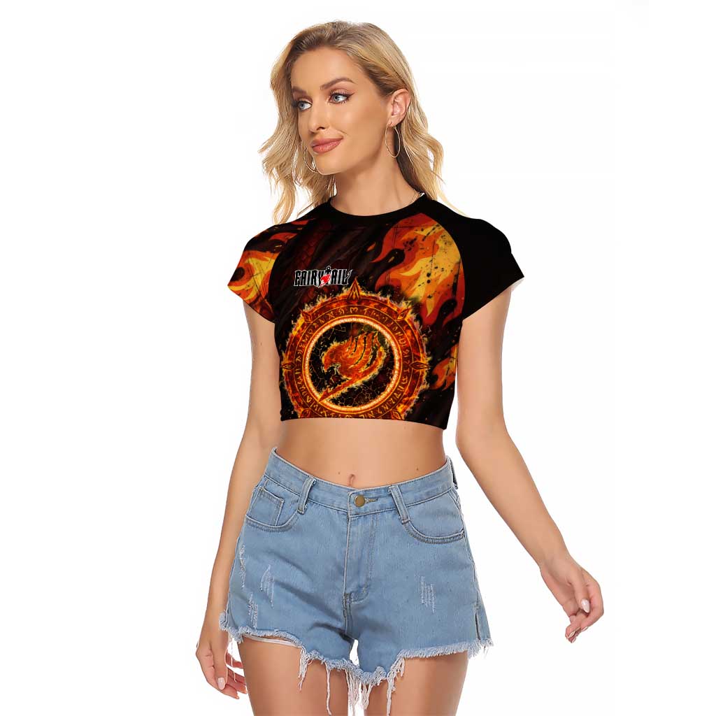 Natsu Dragneel Fairy Tail Raglan Cropped T Shirt Flame Magic Anime Style with Dragon Emblem and Fire Seal