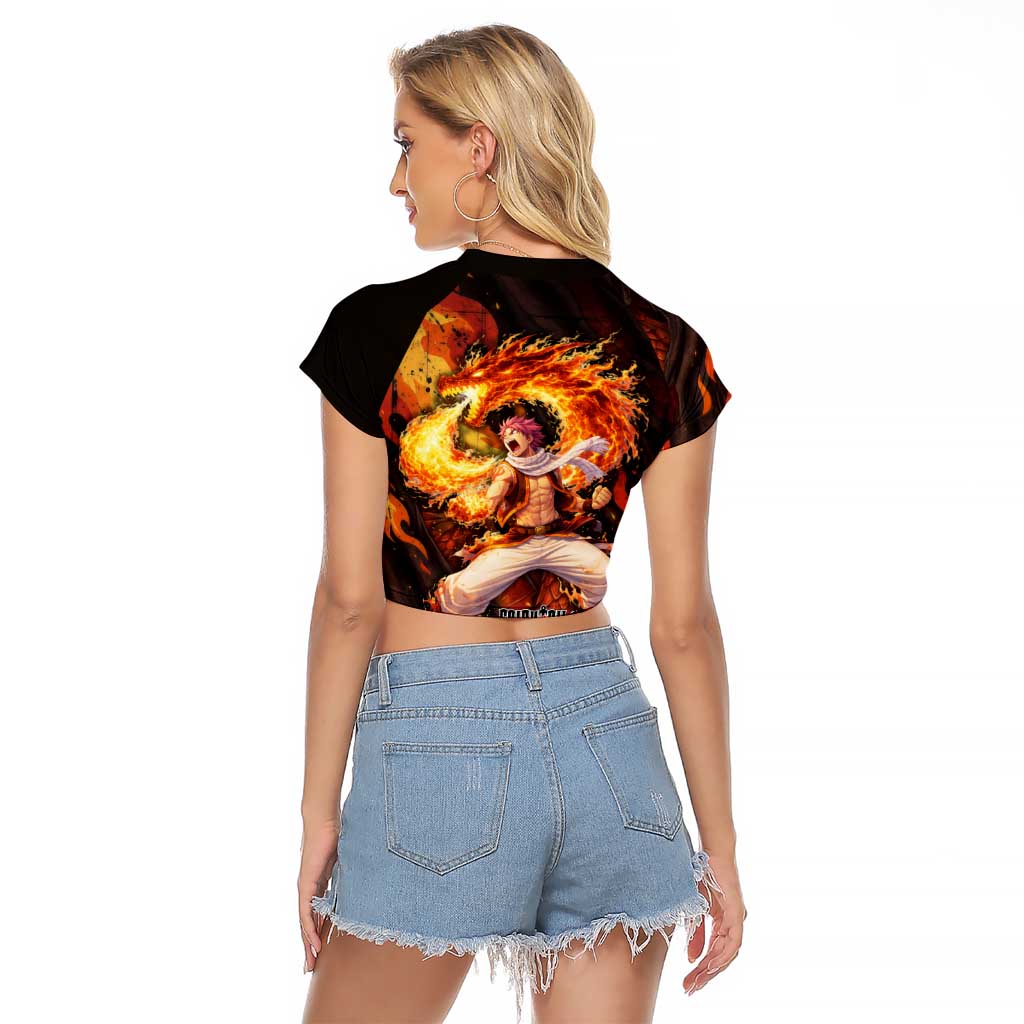 Natsu Dragneel Fairy Tail Raglan Cropped T Shirt Flame Magic Anime Style with Dragon Emblem and Fire Seal
