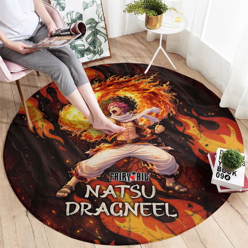Natsu Dragneel Fairy Tail Round Carpet Flame Magic Anime Style with Dragon Emblem and Fire Seal