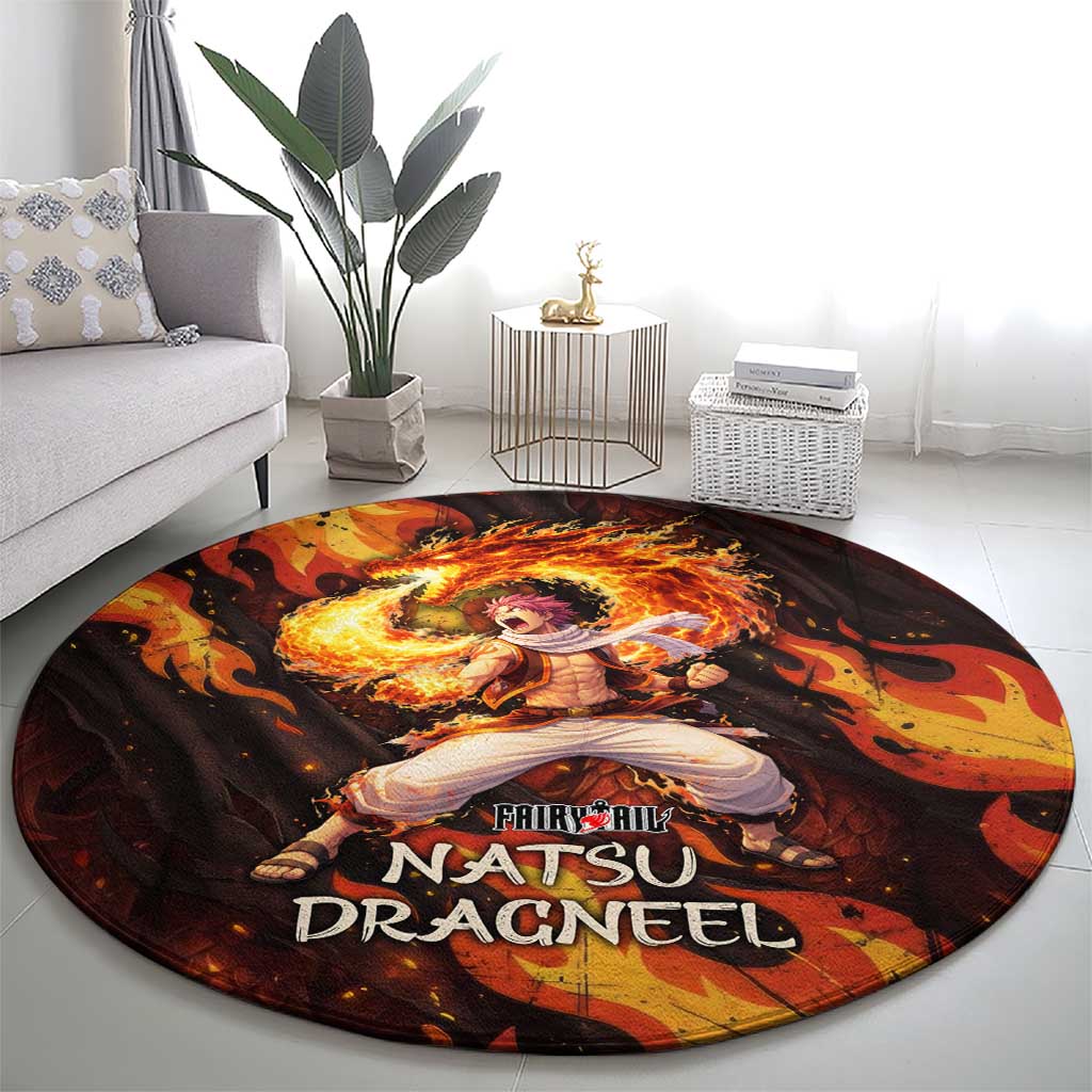 Natsu Dragneel Fairy Tail Round Carpet Flame Magic Anime Style with Dragon Emblem and Fire Seal