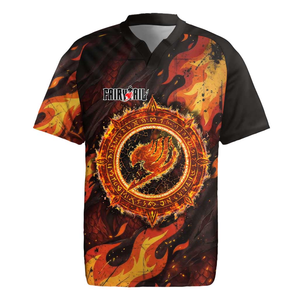Natsu Dragneel Fairy Tail Rugby Jersey Flame Magic Anime Style with Dragon Emblem and Fire Seal