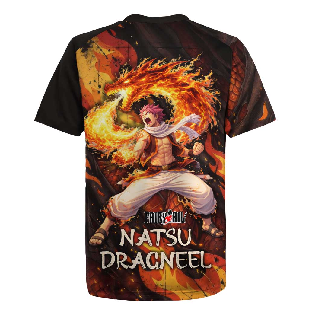 Natsu Dragneel Fairy Tail Rugby Jersey Flame Magic Anime Style with Dragon Emblem and Fire Seal