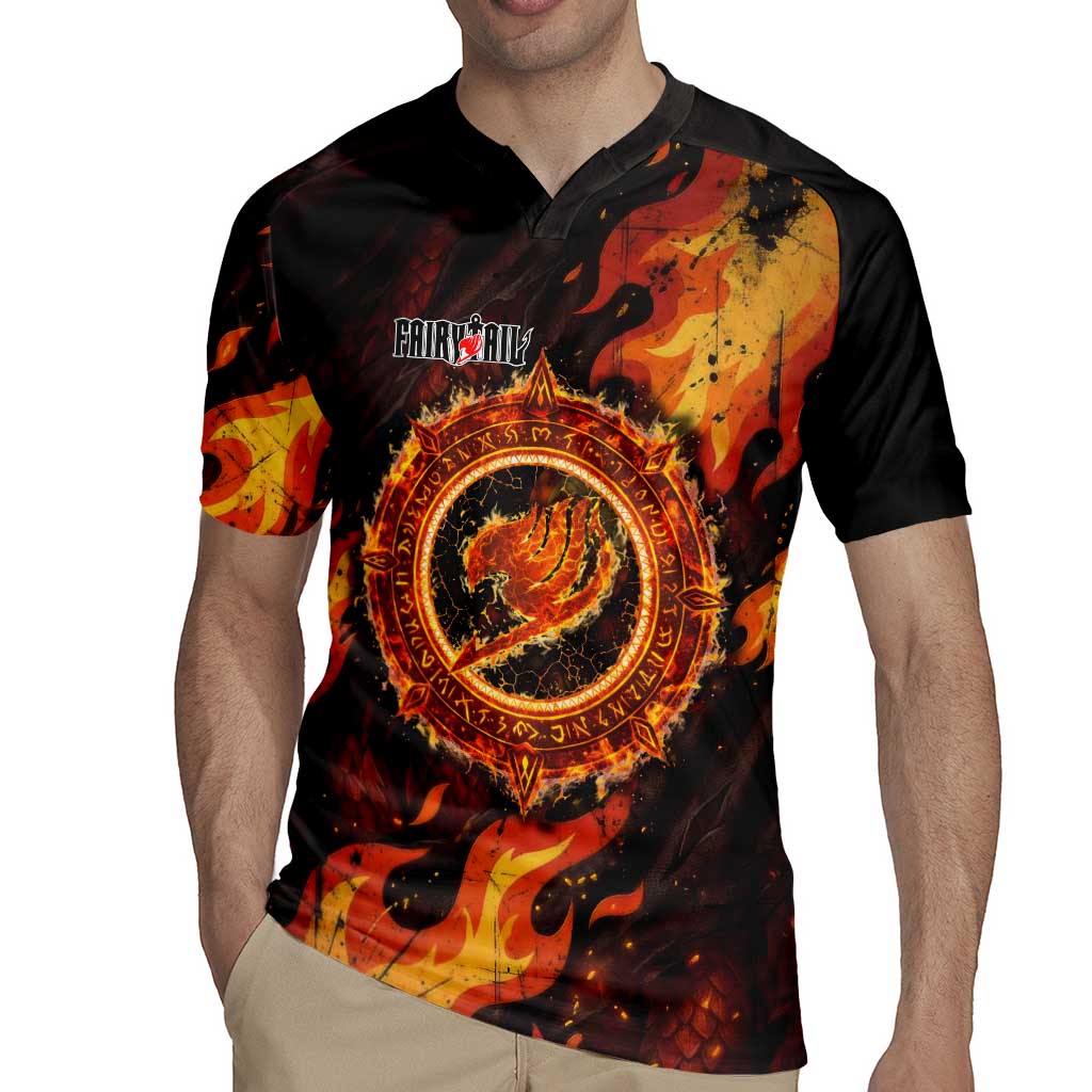 Natsu Dragneel Fairy Tail Rugby Jersey Flame Magic Anime Style with Dragon Emblem and Fire Seal
