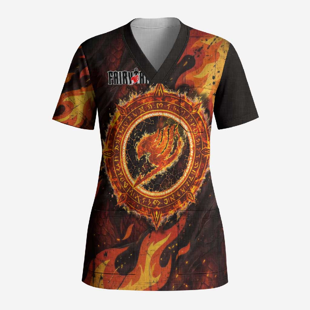 Natsu Dragneel Fairy Tail Scrub Top Flame Magic Anime Style with Dragon Emblem and Fire Seal