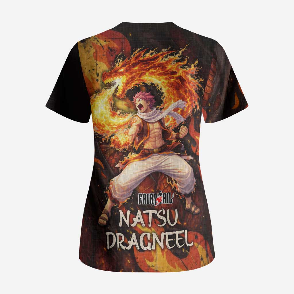 Natsu Dragneel Fairy Tail Scrub Top Flame Magic Anime Style with Dragon Emblem and Fire Seal