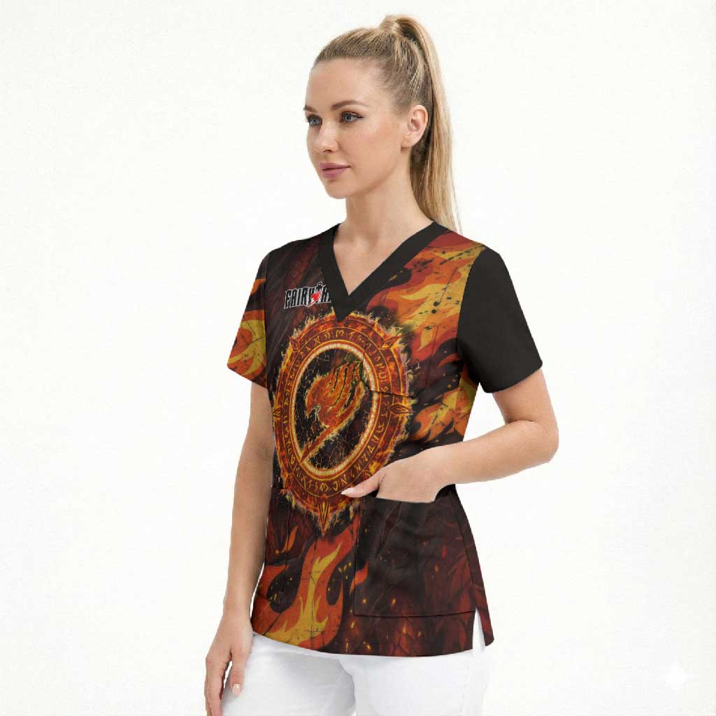 Natsu Dragneel Fairy Tail Scrub Top Flame Magic Anime Style with Dragon Emblem and Fire Seal