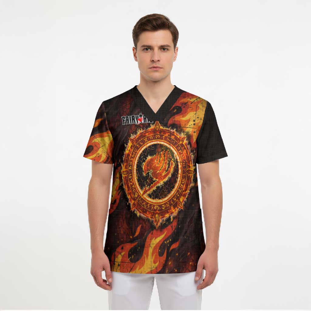 Natsu Dragneel Fairy Tail Scrub Top Flame Magic Anime Style with Dragon Emblem and Fire Seal