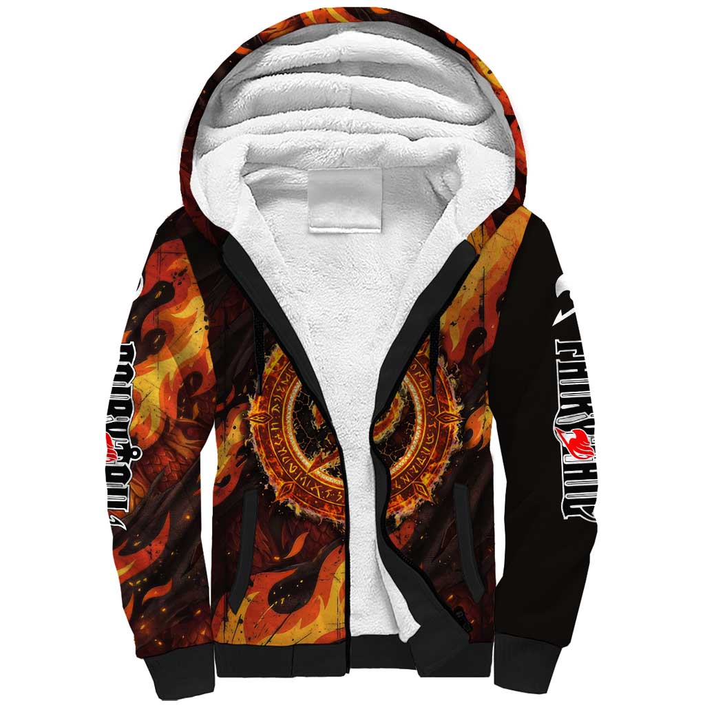 Natsu Dragneel Fairy Tail Sherpa Hoodie Flame Magic Anime Style with Dragon Emblem and Fire Seal