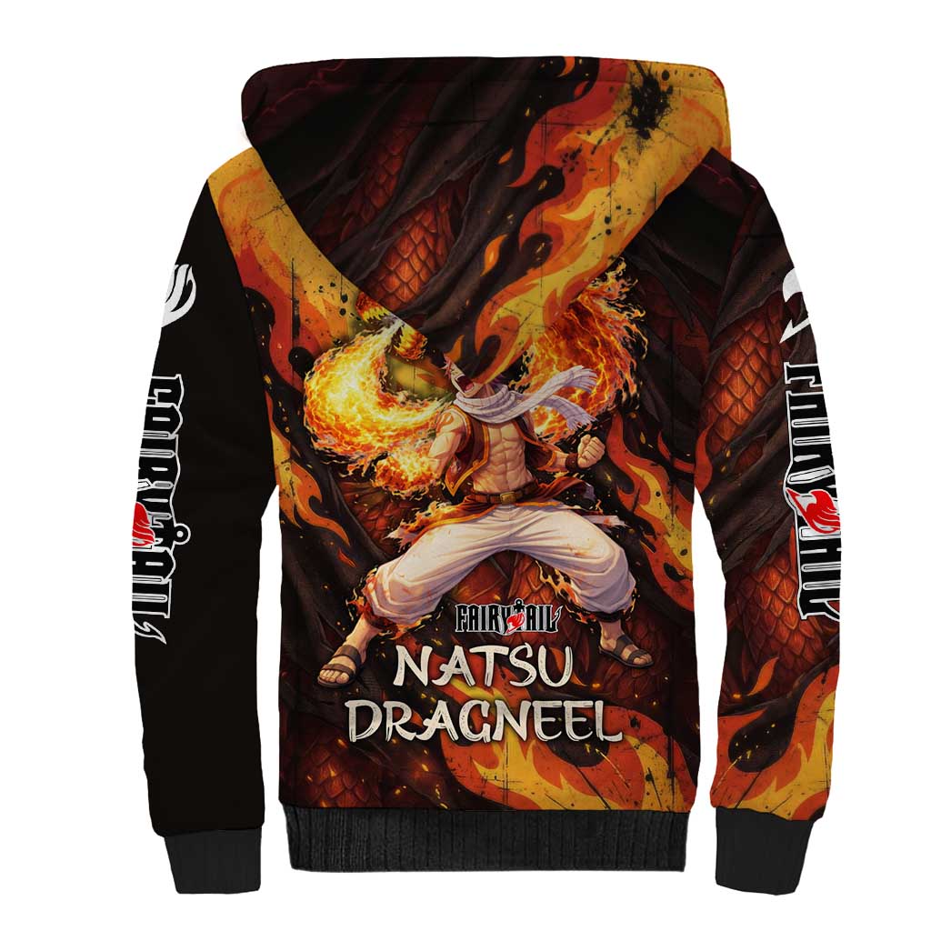 Natsu Dragneel Fairy Tail Sherpa Hoodie Flame Magic Anime Style with Dragon Emblem and Fire Seal