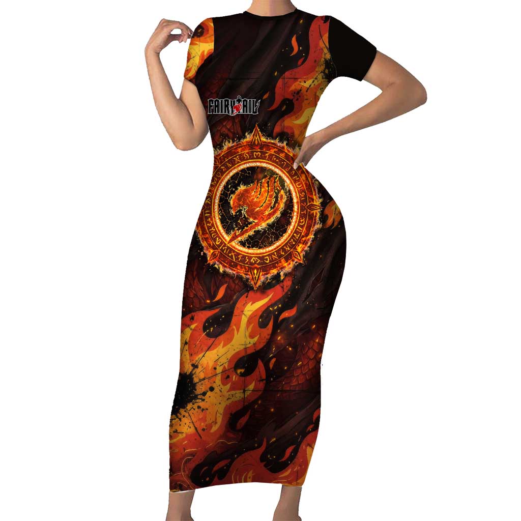 Natsu Dragneel Fairy Tail Short Sleeve Bodycon Dress Flame Magic Anime Style with Dragon Emblem and Fire Seal