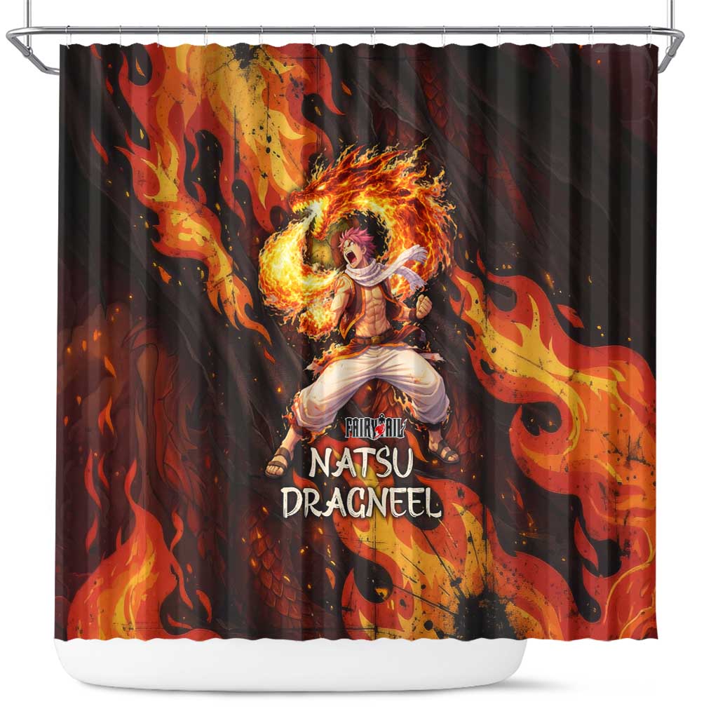 Natsu Dragneel Fairy Tail Shower Curtain Flame Magic Anime Style with Dragon Emblem and Fire Seal