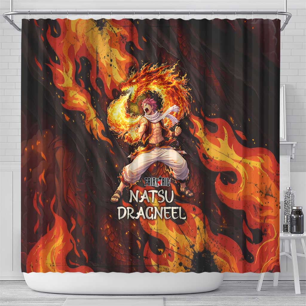 Natsu Dragneel Fairy Tail Shower Curtain Flame Magic Anime Style with Dragon Emblem and Fire Seal