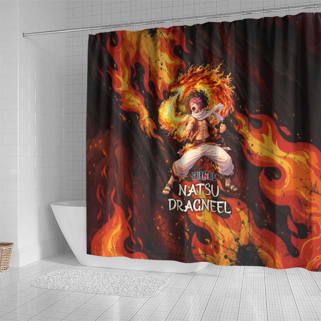 Natsu Dragneel Fairy Tail Shower Curtain Flame Magic Anime Style with Dragon Emblem and Fire Seal