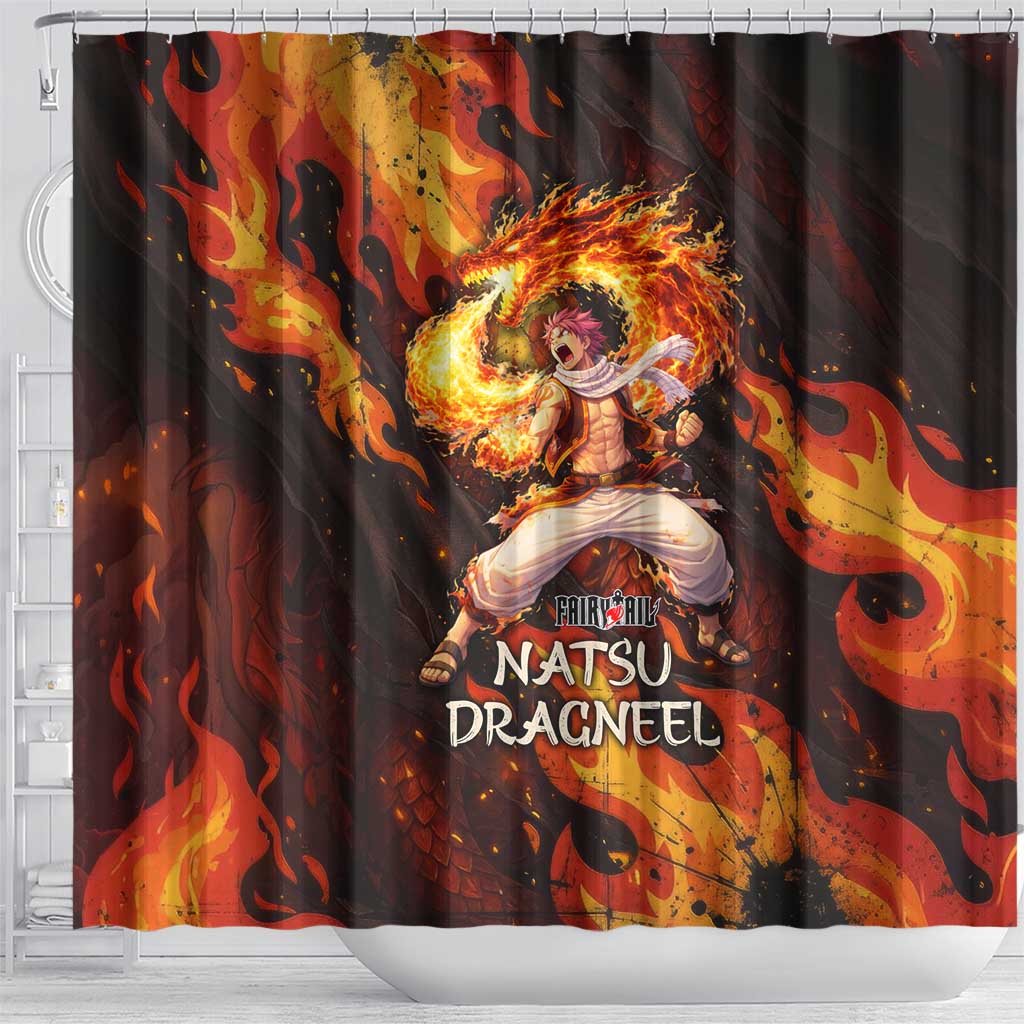 Natsu Dragneel Fairy Tail Shower Curtain Flame Magic Anime Style with Dragon Emblem and Fire Seal