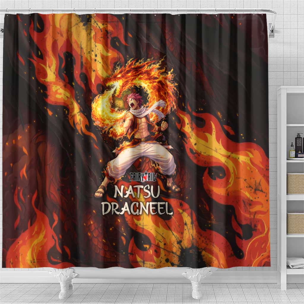 Natsu Dragneel Fairy Tail Shower Curtain Flame Magic Anime Style with Dragon Emblem and Fire Seal