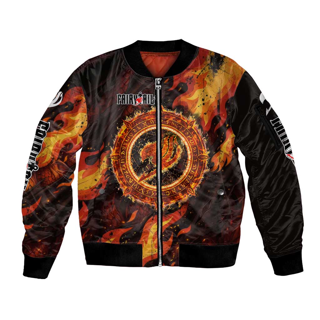 Natsu Dragneel Fairy Tail Sleeve Zip Bomber Jacket Flame Magic Anime Style with Dragon Emblem and Fire Seal
