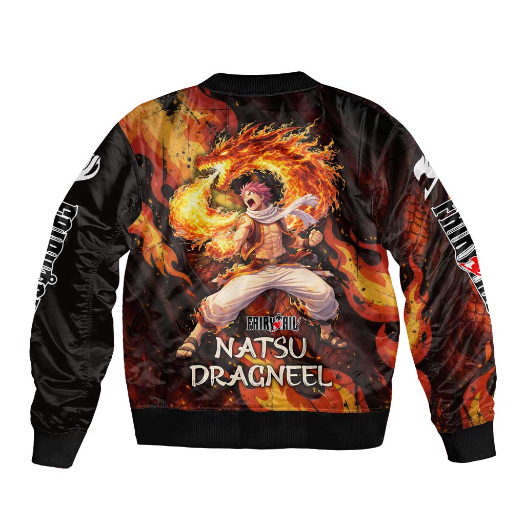 Natsu Dragneel Fairy Tail Sleeve Zip Bomber Jacket Flame Magic Anime Style with Dragon Emblem and Fire Seal