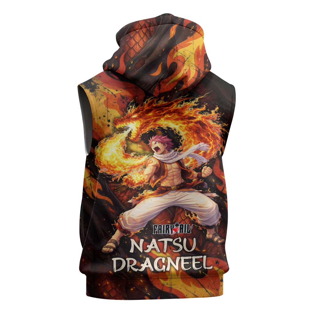 Natsu Dragneel Fairy Tail Sleeveless Hoodie Flame Magic Anime Style with Dragon Emblem and Fire Seal