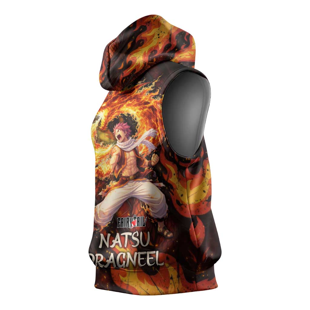 Natsu Dragneel Fairy Tail Sleeveless Hoodie Flame Magic Anime Style with Dragon Emblem and Fire Seal