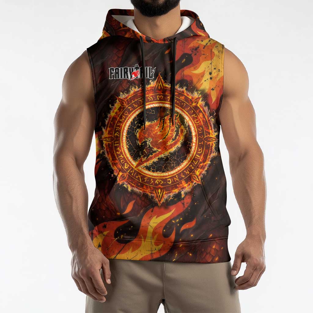 Natsu Dragneel Fairy Tail Sleeveless Hoodie Flame Magic Anime Style with Dragon Emblem and Fire Seal