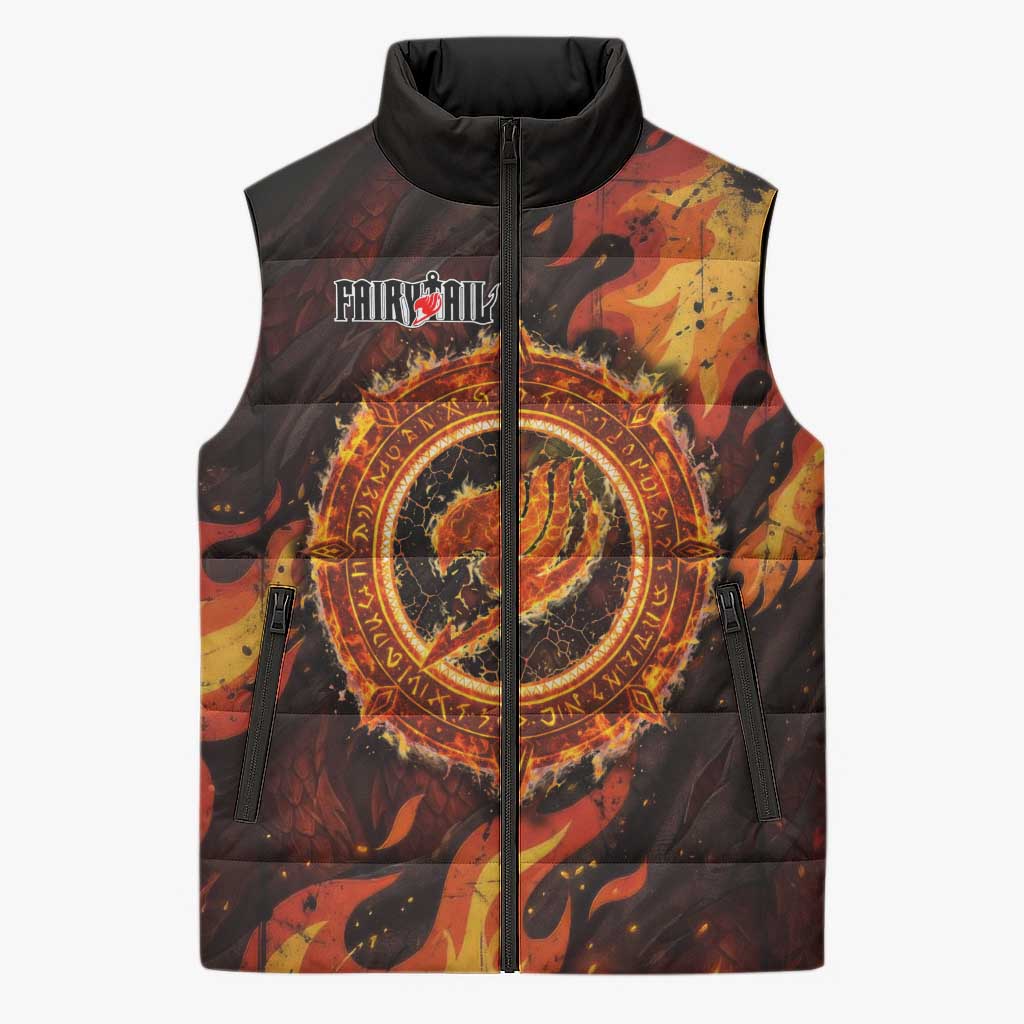 Natsu Dragneel Fairy Tail Sleeveless Puffer Jacket Flame Magic Anime Style with Dragon Emblem and Fire Seal