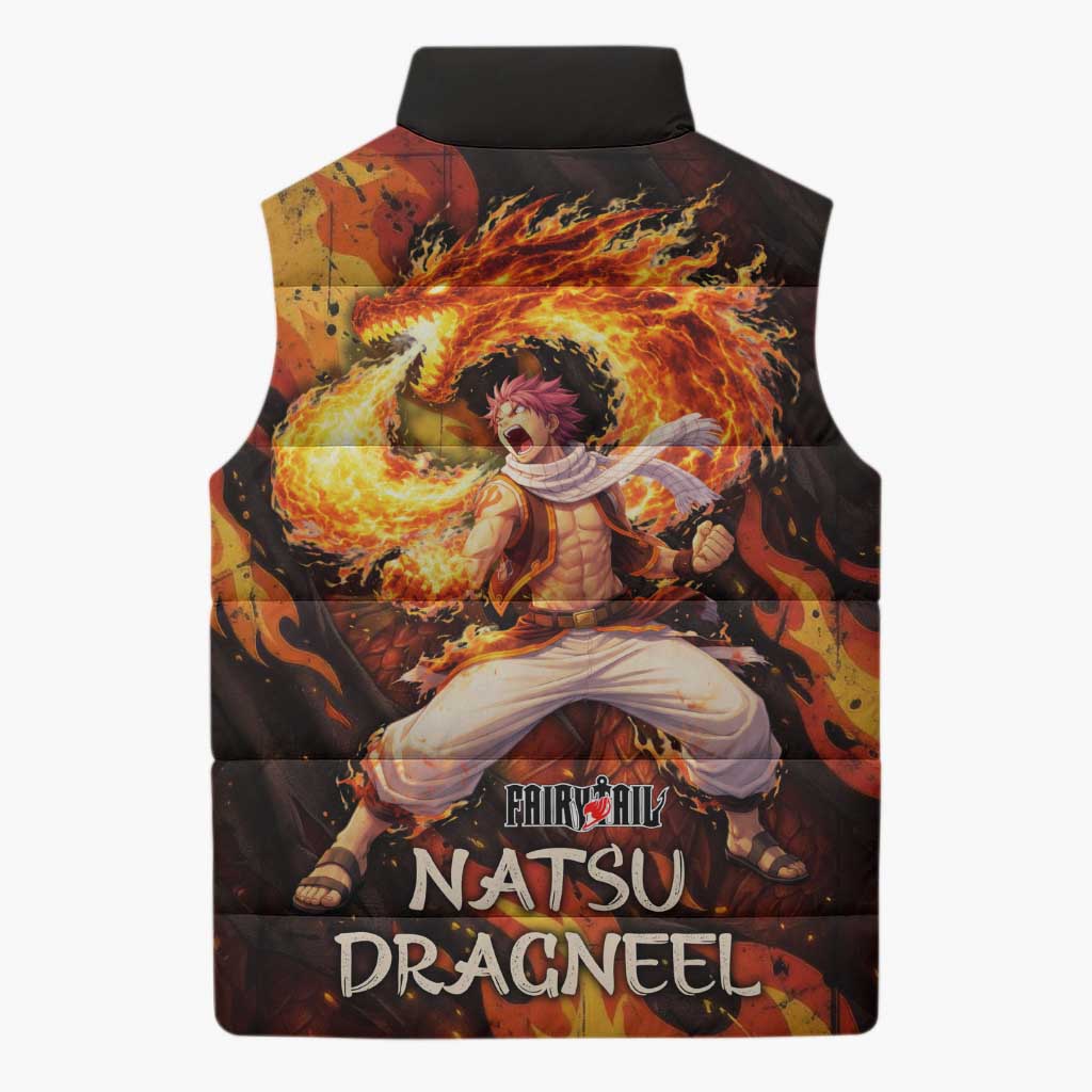 Natsu Dragneel Fairy Tail Sleeveless Puffer Jacket Flame Magic Anime Style with Dragon Emblem and Fire Seal