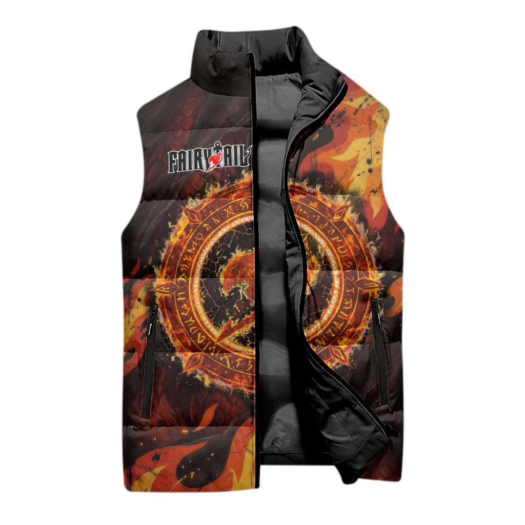 Natsu Dragneel Fairy Tail Sleeveless Puffer Jacket Flame Magic Anime Style with Dragon Emblem and Fire Seal