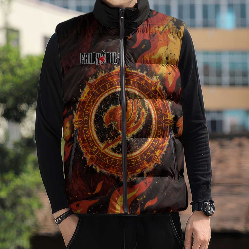 Natsu Dragneel Fairy Tail Sleeveless Puffer Jacket Flame Magic Anime Style with Dragon Emblem and Fire Seal