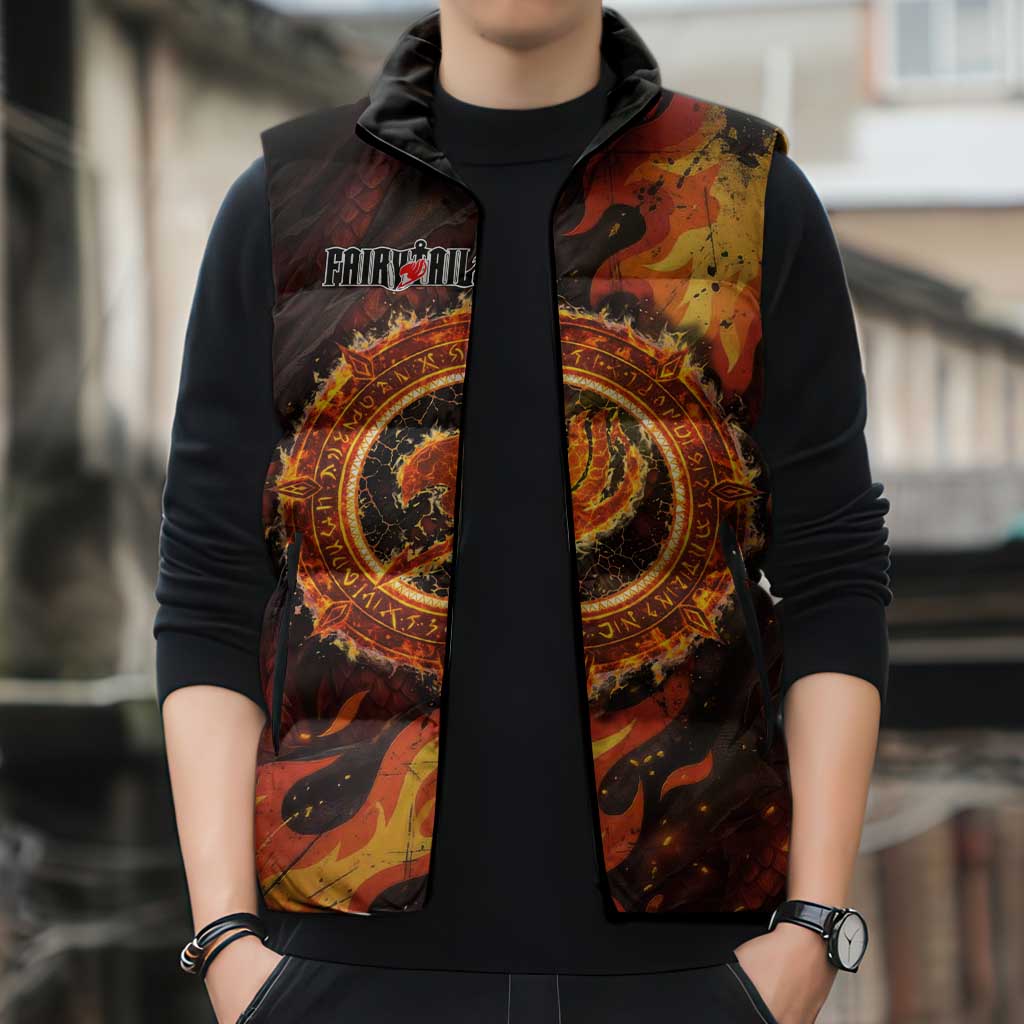 Natsu Dragneel Fairy Tail Sleeveless Puffer Jacket Flame Magic Anime Style with Dragon Emblem and Fire Seal