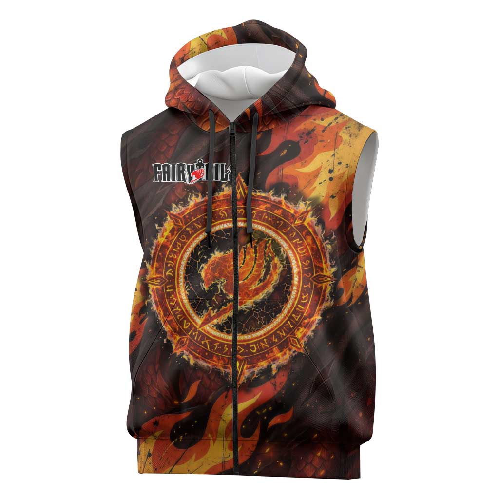 Natsu Dragneel Fairy Tail Sleeveless Zip Hoodie Flame Magic Anime Style with Dragon Emblem and Fire Seal