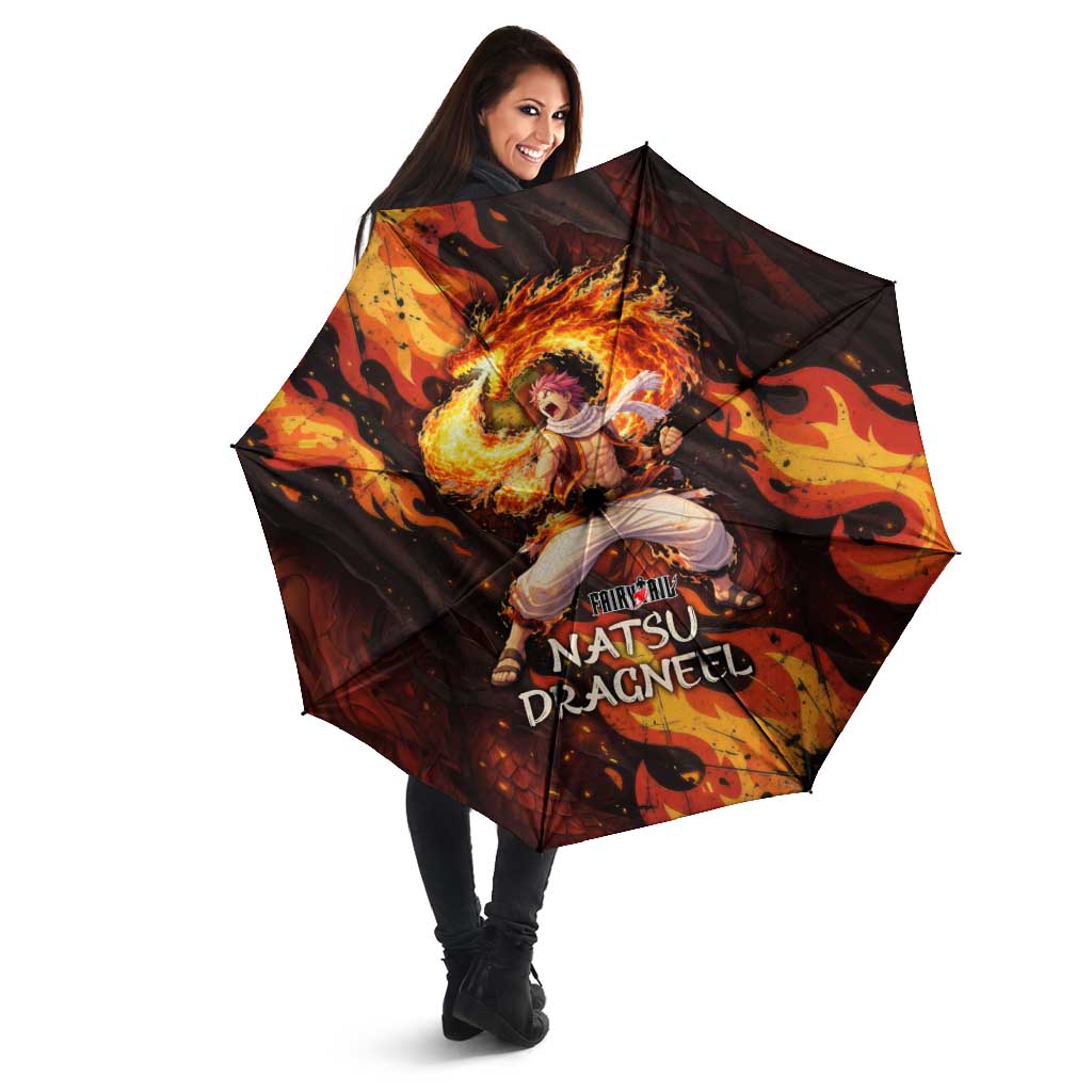Natsu Dragneel Fairy Tail Umbrella Flame Magic Anime Style with Dragon Emblem and Fire Seal