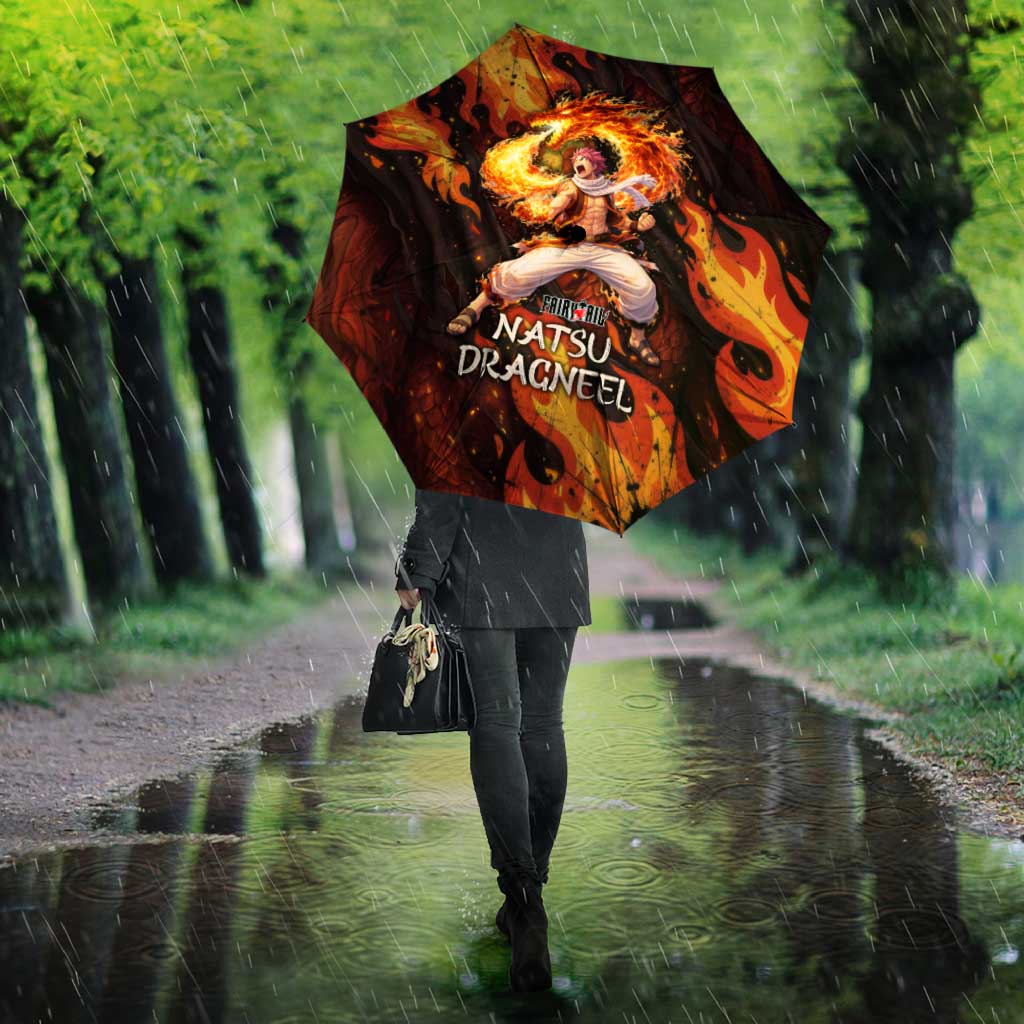 Natsu Dragneel Fairy Tail Umbrella Flame Magic Anime Style with Dragon Emblem and Fire Seal