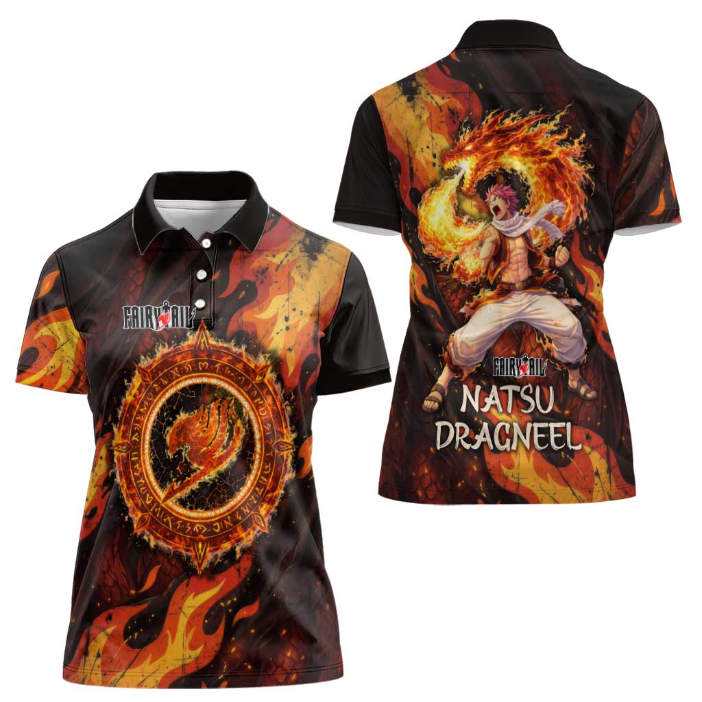 Natsu Dragneel Fairy Tail Women Polo Shirt Flame Magic Anime Style with Dragon Emblem and Fire Seal