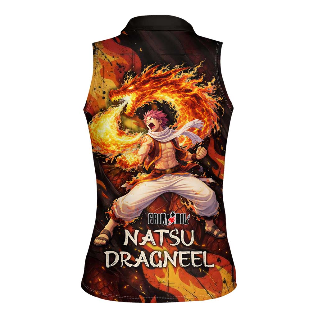 Natsu Dragneel Fairy Tail Women Sleeveless Polo Shirt Flame Magic Anime Style with Dragon Emblem and Fire Seal