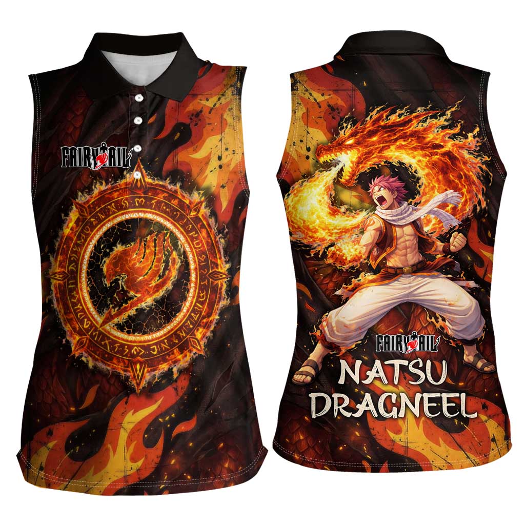 Natsu Dragneel Fairy Tail Women Sleeveless Polo Shirt Flame Magic Anime Style with Dragon Emblem and Fire Seal