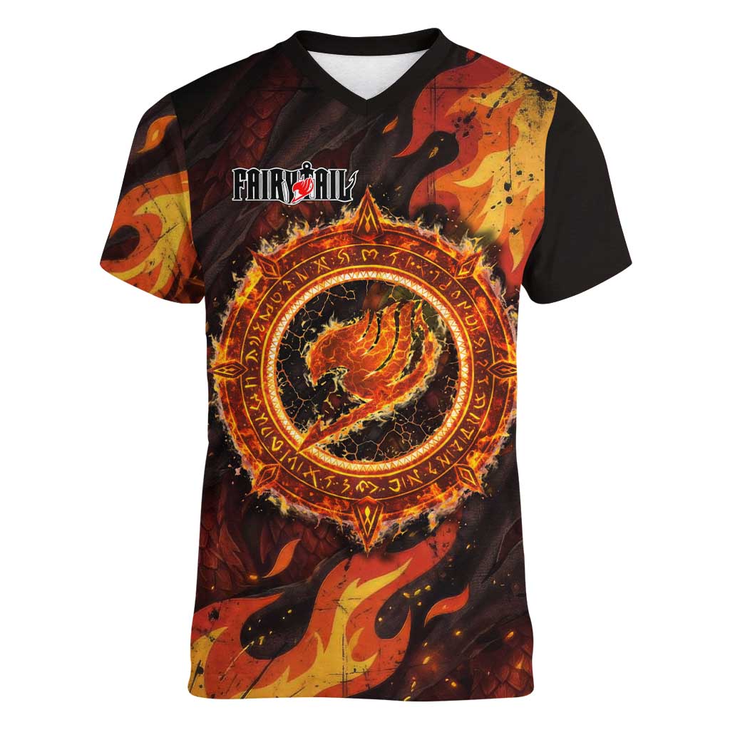 Natsu Dragneel Fairy Tail Women V-Neck T-Shirt Flame Magic Anime Style with Dragon Emblem and Fire Seal